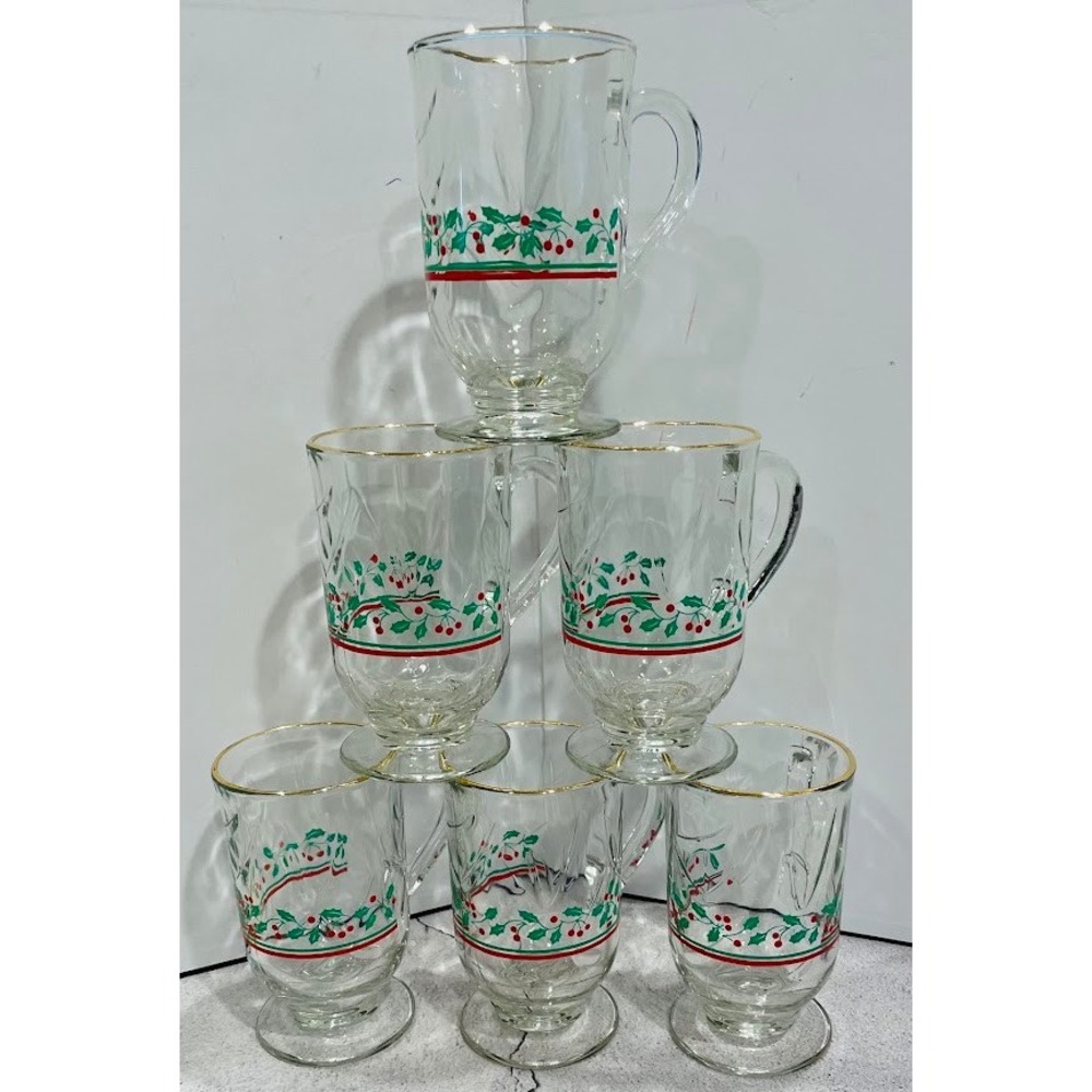 Libbey Christmas Holly Berry Glass Mug Set 6 Gold Rim Footed Coffee Tea 5.5in